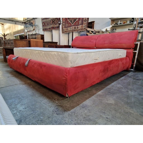 71 - Modern Double / King Size Bed with Red Fabric Surround, Adjustable Padded Headboard, Hinged / Hydrau... 