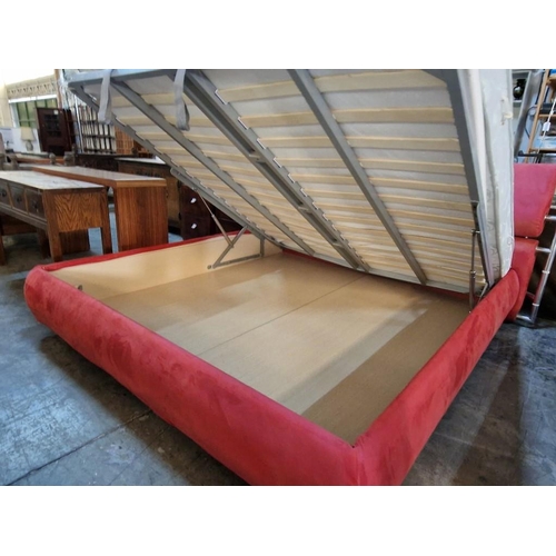 71 - Modern Double / King Size Bed with Red Fabric Surround, Adjustable Padded Headboard, Hinged / Hydrau... 