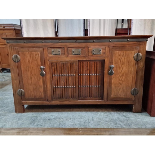 73 - Solid Wood Country Style Sideboard with 3-Drawers, 2 x End Cupboards and Centre Storage with Sliding... 