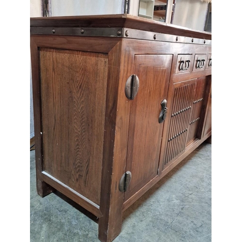 73 - Solid Wood Country Style Sideboard with 3-Drawers, 2 x End Cupboards and Centre Storage with Sliding... 