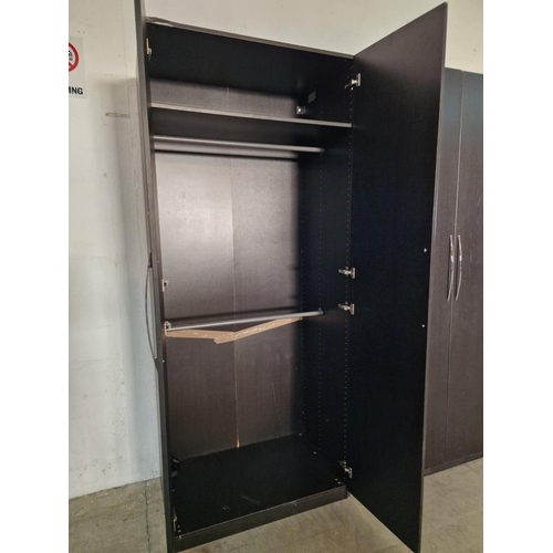 94 - Black / Dark Wenge Colour Wood Effect 2-Door Wardrobe with Modern Chrome Handles and Internal Shelf ... 