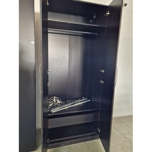 95 - Black / Dark Wenge Colour Wood Effect 2-Door Wardrobe with Modern Chrome Handles and Two Internal Sh... 