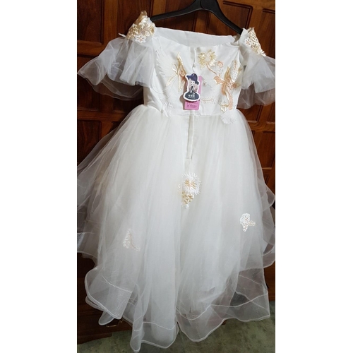 144 - Tulle Princess Dress, 'Off White' Color with Delicate Embroidered Appliqués. Size 8-10 years. (Un-Us... 