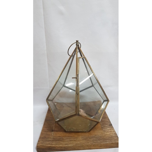 149 - 2 x Brass Triangle Lanterns Hexagonal (H:32cm and H:31cm) with Wooden Base (25cm x 25cm and 20cm x 2... 