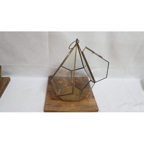 149 - 2 x Brass Triangle Lanterns Hexagonal (H:32cm and H:31cm) with Wooden Base (25cm x 25cm and 20cm x 2... 