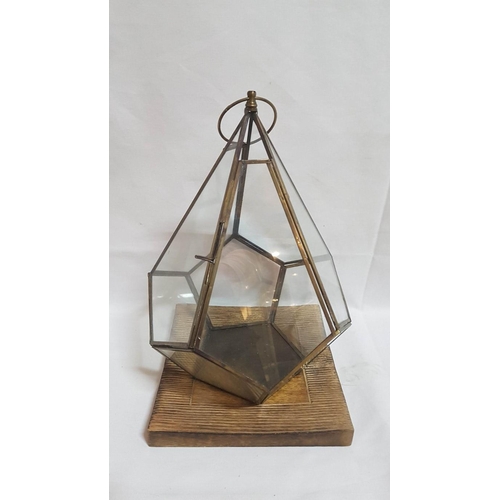 149 - 2 x Brass Triangle Lanterns Hexagonal (H:32cm and H:31cm) with Wooden Base (25cm x 25cm and 20cm x 2... 