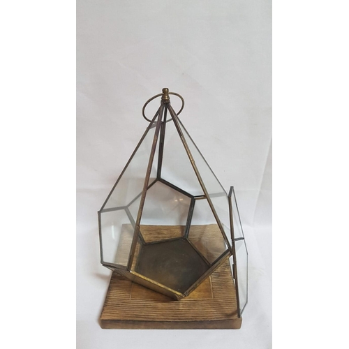 149 - 2 x Brass Triangle Lanterns Hexagonal (H:32cm and H:31cm) with Wooden Base (25cm x 25cm and 20cm x 2... 