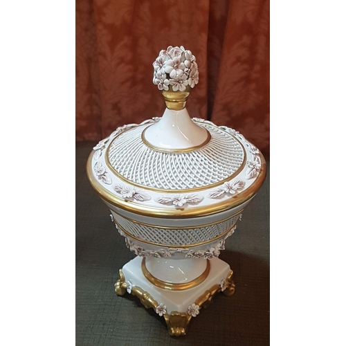 153 - Art Pottery Vintage Pedestal 'Capodimonte' Style Lidded Candy Dish with Filigree Flowers and Gold De... 