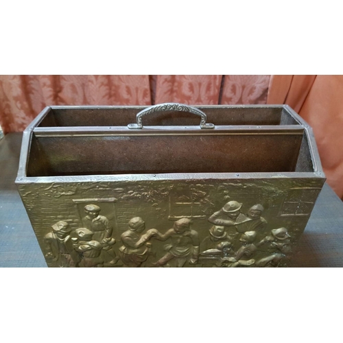 372 - Vintage Style Brass Embossed Scene Magazine Rack. (Approx. 37cm x 14.5cm x 27cm).