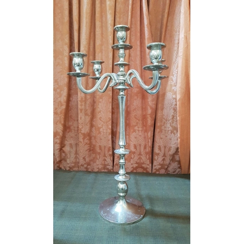 381 - Pair of Vintage Style Classic 4-Arms Candelabra, Silver Tone Metal, One- Broken Arm, H: 65cm Each.