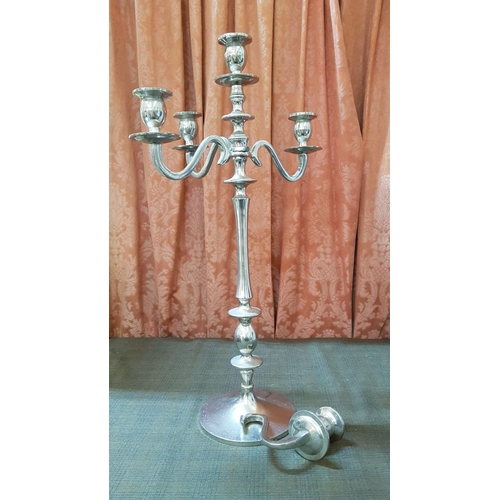 381 - Pair of Vintage Style Classic 4-Arms Candelabra, Silver Tone Metal, One- Broken Arm, H: 65cm Each.