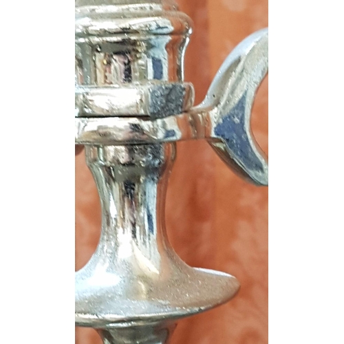 381 - Pair of Vintage Style Classic 4-Arms Candelabra, Silver Tone Metal, One- Broken Arm, H: 65cm Each.