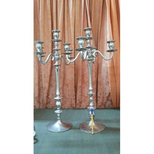 381 - Pair of Vintage Style Classic 4-Arms Candelabra, Silver Tone Metal, One- Broken Arm, H: 65cm Each.