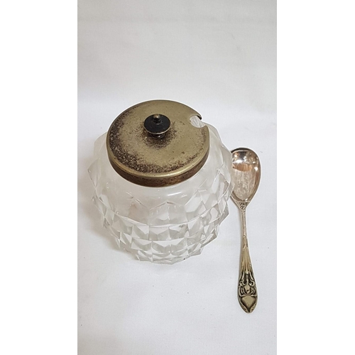 403 - Vintage Cut Glass Sugar Bowl with Silver Plated Lid and Vintage EPNS Decorative Sugar Spoon.