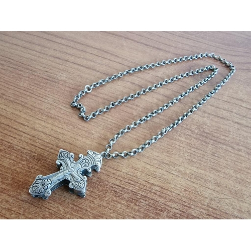 13 - Vintage Sterling Silver Cross Pendant on Sterling Silver Link Necklace, (Approx. L: 72cm, .925 Silve... 