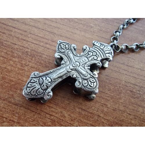 13 - Vintage Sterling Silver Cross Pendant on Sterling Silver Link Necklace, (Approx. L: 72cm, .925 Silve... 