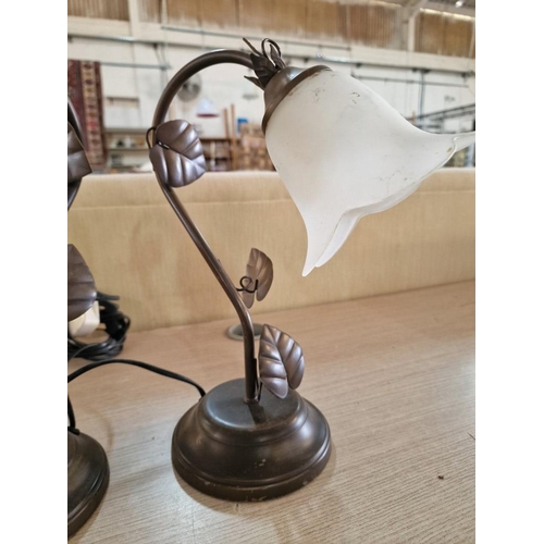 199 - Pair of Bedside Lamps; Bronze Effect with Leaves and Frosted Glass Shades, (2)