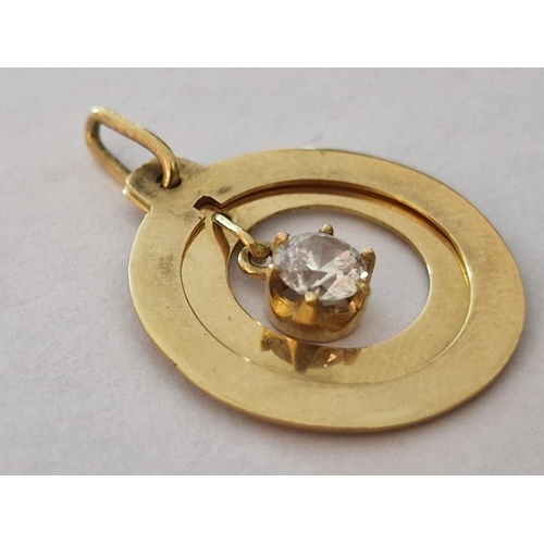 207 - 18ct Gold Round Pendant with Two Round Hoops and Central Hanging Clear Stone, (Approx. Ø: 22mm, 3g)