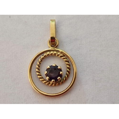 210 - 18ct Gold Round Pendant with Two Rings and Central Round Cut Blue Stone, (Approx. Ø: 13mm, 1.1g)