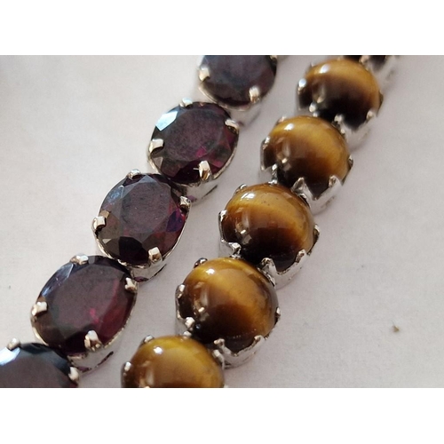 297 - 2 x Decorative Silver Colour Bracelets Set with Tiger's Eye Effect and Red Stones, (Approx. L. 19cm ... 