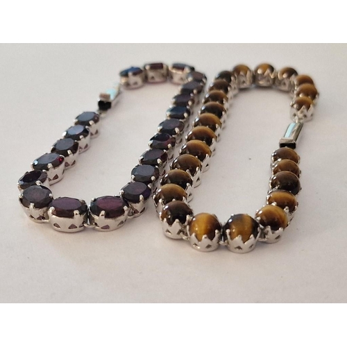 297 - 2 x Decorative Silver Colour Bracelets Set with Tiger's Eye Effect and Red Stones, (Approx. L. 19cm ... 