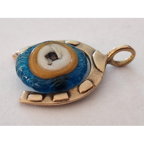 378 - Gold Horseshoe Shape Pendant with Revolving Turquoise Colour 'Evil Eye' Stone, Tested at 7ct Gold, (... 