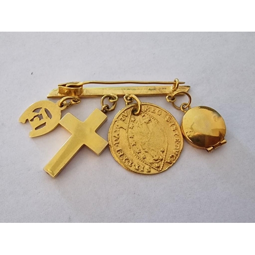 87 - Decorative 18ct Gold Bar Broach with 3 x 18ct Gold Charms and 22ct Gold Coin, (Approx. W: 42mm, Tota... 