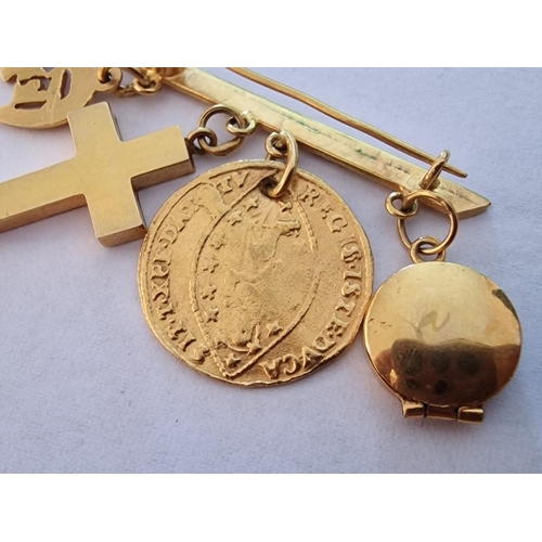 87 - Decorative 18ct Gold Bar Broach with 3 x 18ct Gold Charms and 22ct Gold Coin, (Approx. W: 42mm, Tota... 