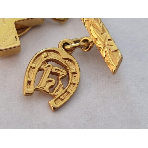 87 - Decorative 18ct Gold Bar Broach with 3 x 18ct Gold Charms and 22ct Gold Coin, (Approx. W: 42mm, Tota... 