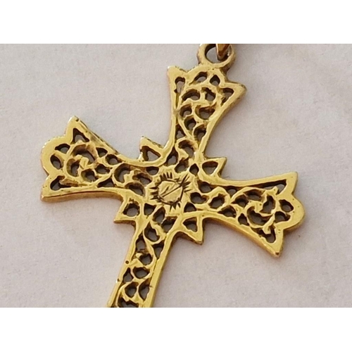 90 - Ornate Pierced 9ct Gold Cross Pendant, (Approx. H: 43mm, 3.0g)