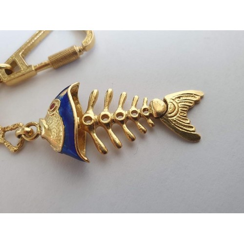 60 - 18ct Gold Fish Keyring with Blue Enamel Head and Red Stone Eye (Overall 11cm, Total Weight 21.8g)