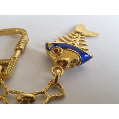 60 - 18ct Gold Fish Keyring with Blue Enamel Head and Red Stone Eye (Overall 11cm, Total Weight 21.8g)