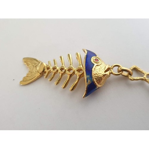 60 - 18ct Gold Fish Keyring with Blue Enamel Head and Red Stone Eye (Overall 11cm, Total Weight 21.8g)