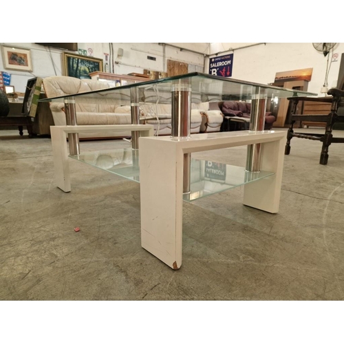 114 - Modern Rectangular Glass Coffee Table with Lower Shelf, and White Finish Wood & Chrome Legs, (Approx... 