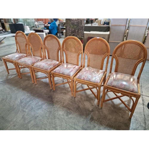 166 - Set of 6 x Bamboo Dining Chairs with Padded Fabric Seats and Cane Backs, (6)