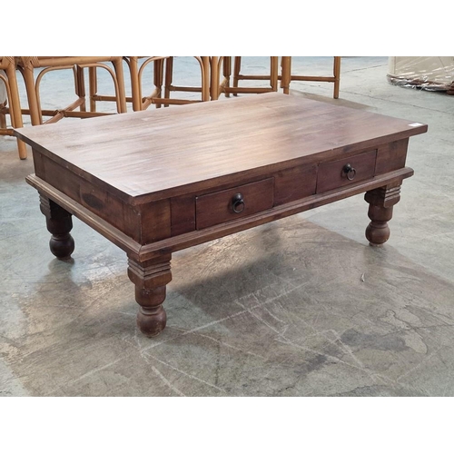 167 - Dark Wood Rectangular Coffee Table with 2-Drawers Over Turned Legs, (Approx. 90 x 60 x 36cm)