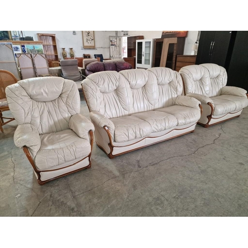 168 - Classical Style Cream Leather 3-Piece Suite by 'Siam', Made in Italy; 3-Seater and 2-Seater Sofas wi... 