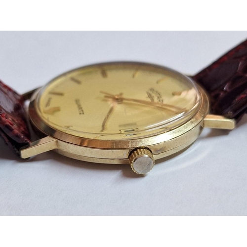 96 - 9ct Gold Rotary Gent's Wrist Watch, with Date, Swiss Made, Gold Baton Hour Markers, Quartz Movement ... 