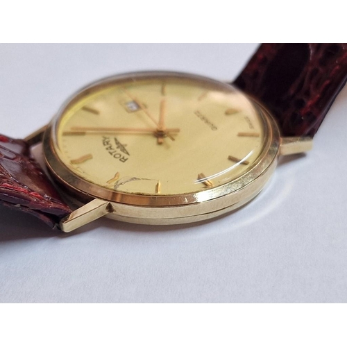 96 - 9ct Gold Rotary Gent's Wrist Watch, with Date, Swiss Made, Gold Baton Hour Markers, Quartz Movement ... 