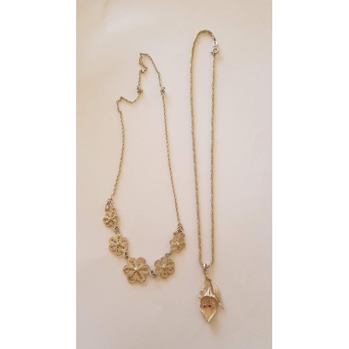 220 - Silver Jewelry, Filigree Lefkara Style Floral Necklace (Approx. L:43cm) and Silver Chain with 'Lily'... 