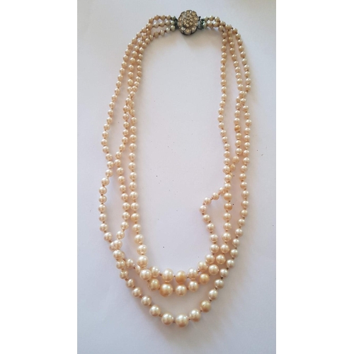 375 - Vintage Multistrand Pearl Necklace with  Silver Clasp.