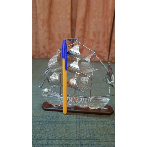 146 - High Quality Silver Sailing Ships Models, Silver-Glass-Wood, 2x Big (Approx. 21cm 20.5cm) and 1x Sma... 