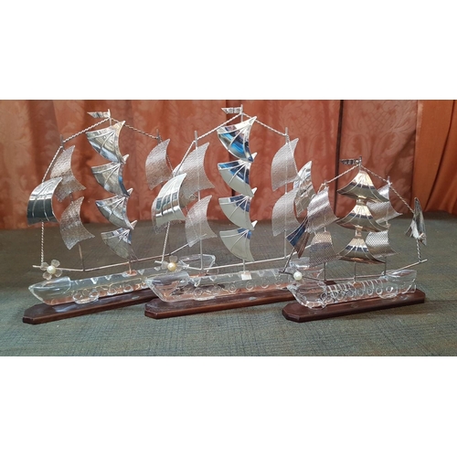 146 - High Quality Silver Sailing Ships Models, Silver-Glass-Wood, 2x Big (Approx. 21cm 20.5cm) and 1x Sma... 