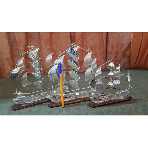 146 - High Quality Silver Sailing Ships Models, Silver-Glass-Wood, 2x Big (Approx. 21cm 20.5cm) and 1x Sma... 