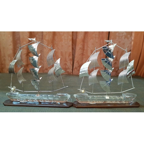 146 - High Quality Silver Sailing Ships Models, Silver-Glass-Wood, 2x Big (Approx. 21cm 20.5cm) and 1x Sma... 