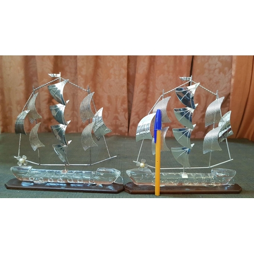 146 - High Quality Silver Sailing Ships Models, Silver-Glass-Wood, 2x Big (Approx. 21cm 20.5cm) and 1x Sma... 