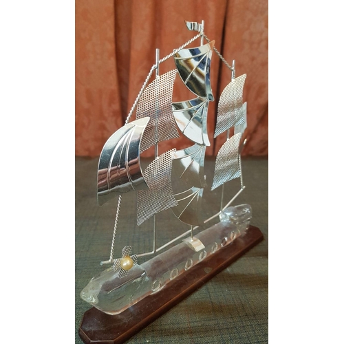 146 - High Quality Silver Sailing Ships Models, Silver-Glass-Wood, 2x Big (Approx. 21cm 20.5cm) and 1x Sma... 