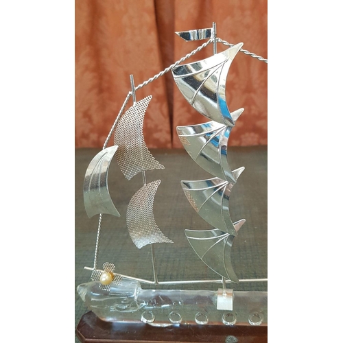 146 - High Quality Silver Sailing Ships Models, Silver-Glass-Wood, 2x Big (Approx. 21cm 20.5cm) and 1x Sma... 