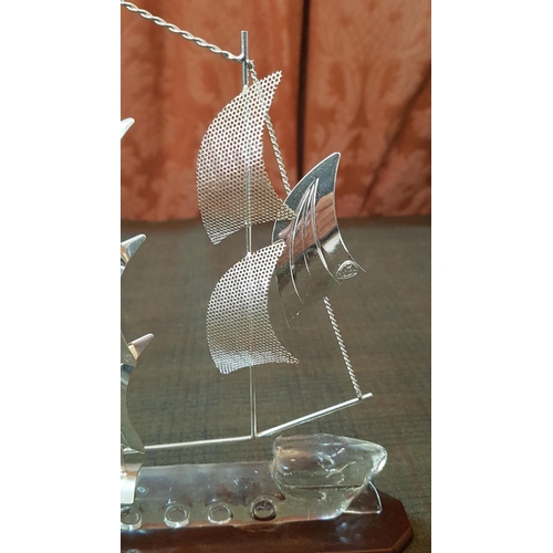 146 - High Quality Silver Sailing Ships Models, Silver-Glass-Wood, 2x Big (Approx. 21cm 20.5cm) and 1x Sma... 