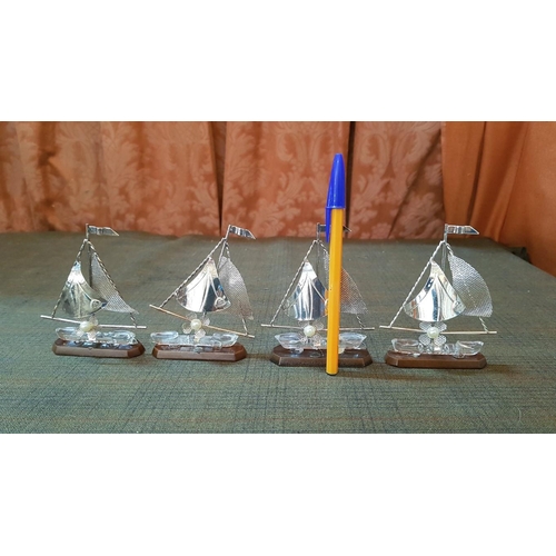 147 - 4 x Small High Quality Silver Sailing Ship Models, Silver-Glass on Wooden Base, Approx. 9cm - 11cm E... 